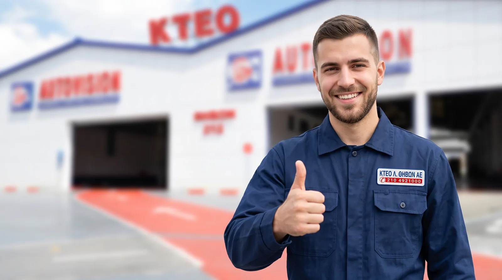 Ελεγκτής της ΚΤΕΟ Λ. Θηβών σηκώνει τον αντίχειρα μπροστά στο κτίριο
